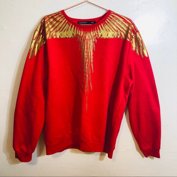 Men Hudson Red Gold Metallic Bling Sweater
